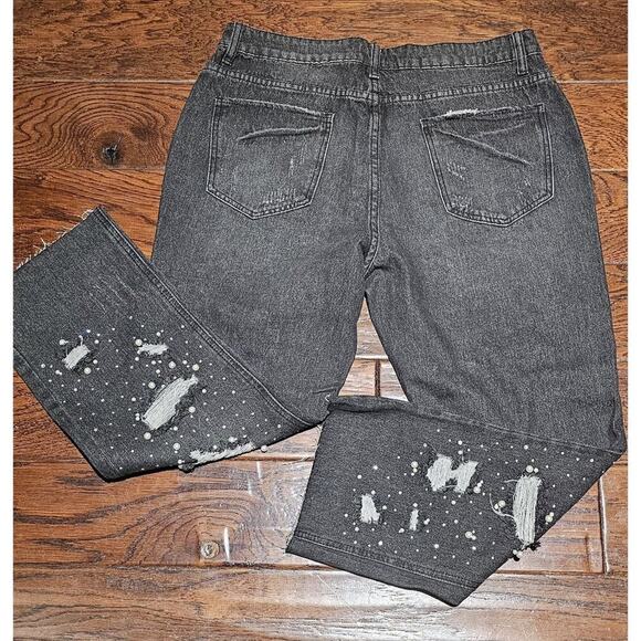 Vocal Dreamer Y2K Distressed Gray Jeans W Pearl & Rhinestone Embellishments S L - Picture 4 of 9